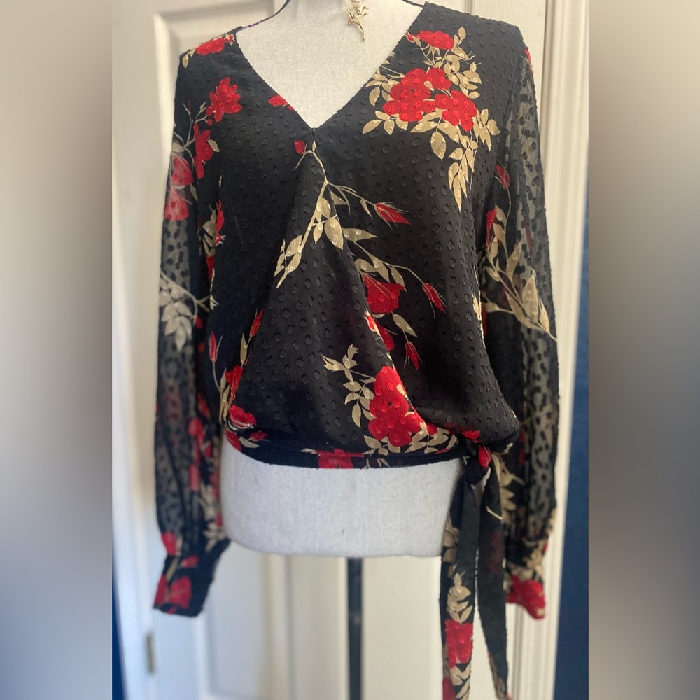 Calvin Klein Black Wrap Tie Front Blouse